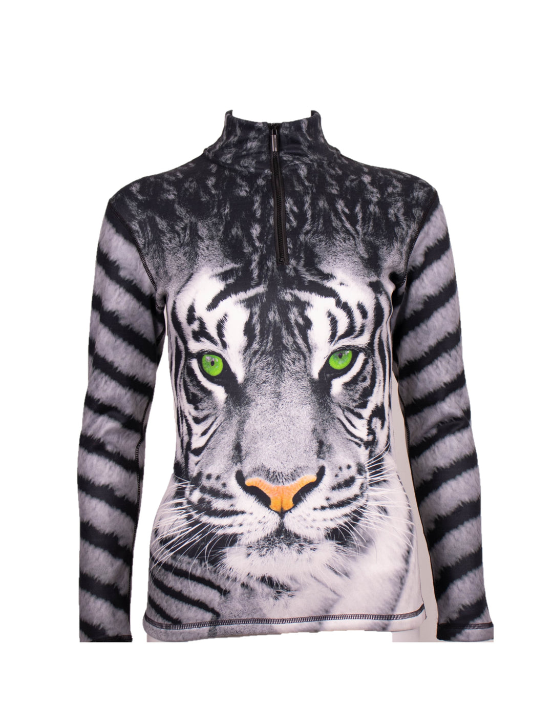 FRONT Close-up of Denimaxx Green Eyed Tiger Mid Layer Top showing vivid green eyes and fine nylon texture.

