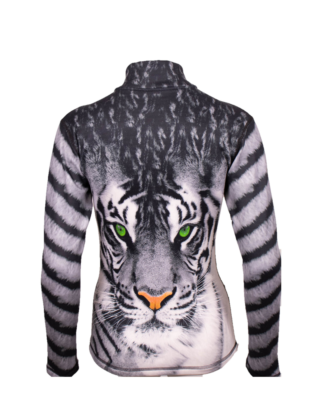 BACK Close-up of Denimaxx Green Eyed Tiger Mid Layer Top showing vivid green eyes and fine nylon texture.

