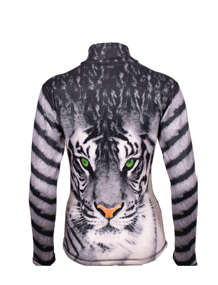 BACK Close-up of Denimaxx Green Eyed Tiger Mid Layer Top showing vivid green eyes and fine nylon texture.

