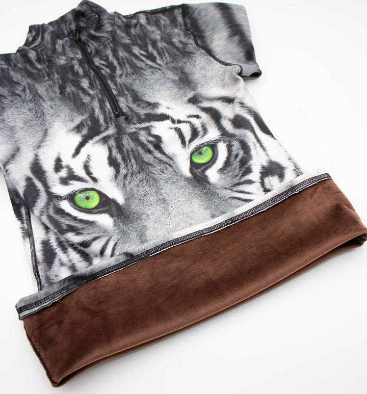 Fierce tiger print Denimaxx mid layer top featuring soft velour interior and smooth nylon outer finish.


