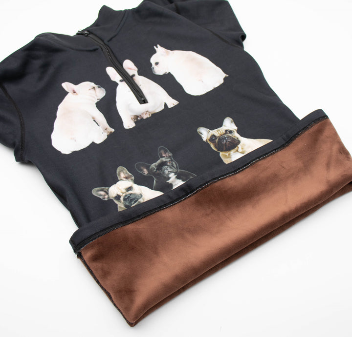 Close-up of Denimaxx French Bulldog Print mid layer showing crisp pattern and polished nylon surface.

