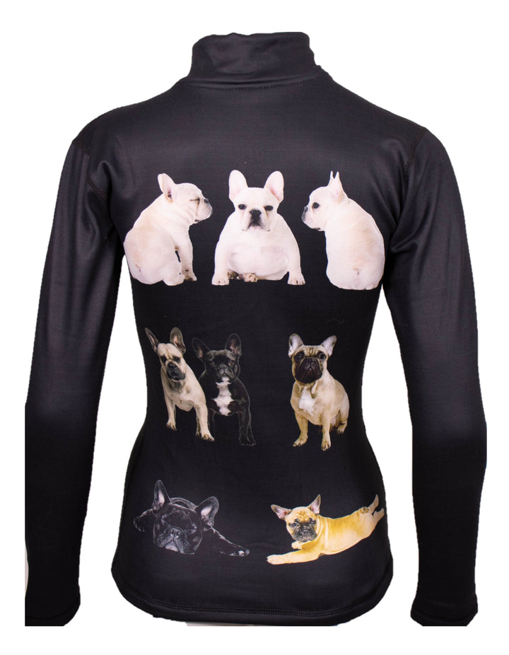 Close-up of Denimaxx French Bulldog Print mid layer showing crisp pattern and polished nylon surface.

