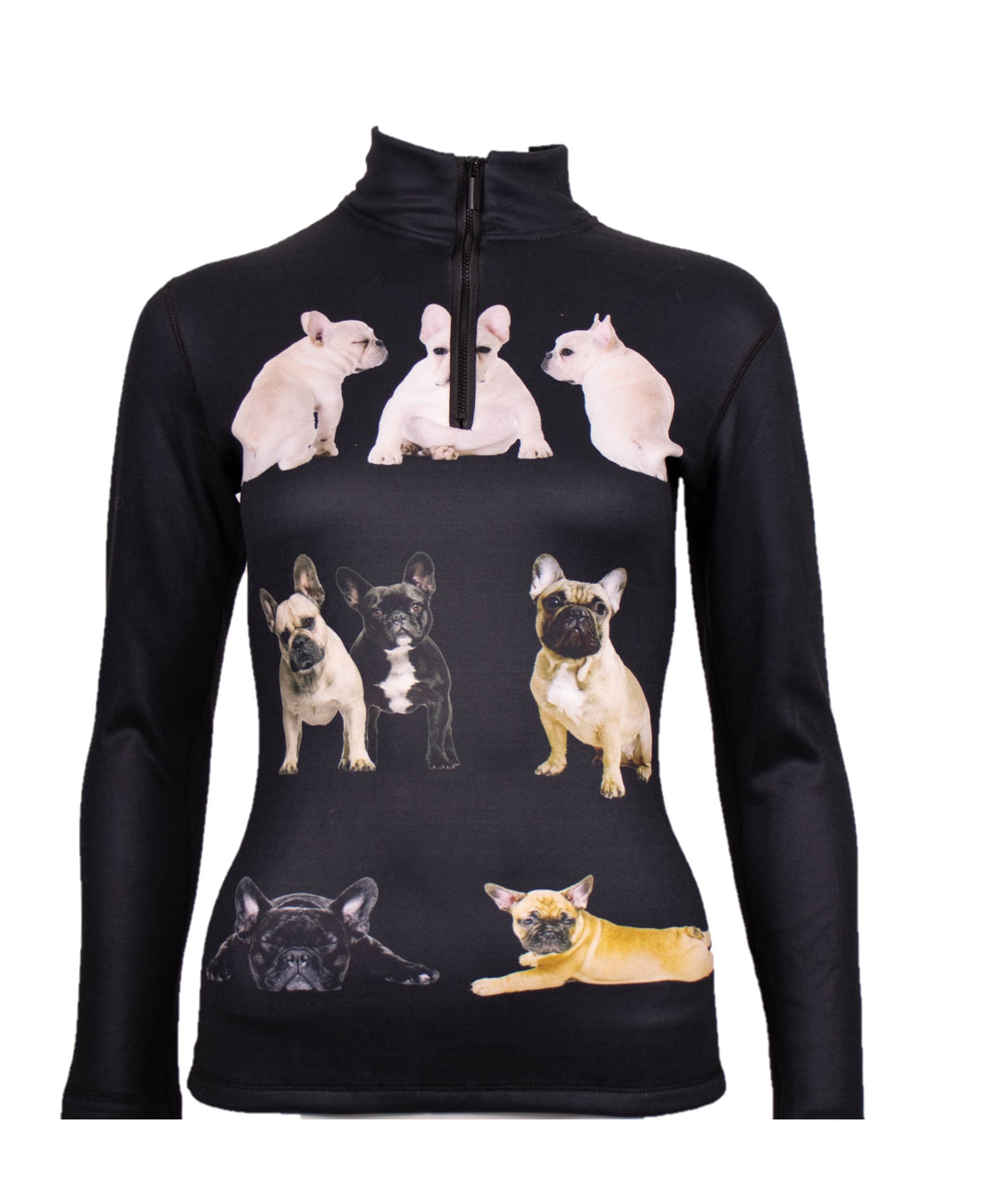 Close-up of Denimaxx French Bulldog Print mid layer showing crisp pattern and polished nylon surface.


