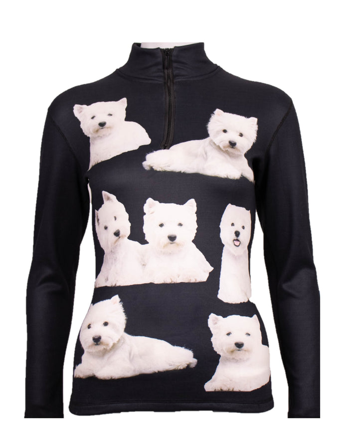 Denimaxx Women’s half-zip Westie Dog Print ski mid layer offering warmth and stretch comfort.