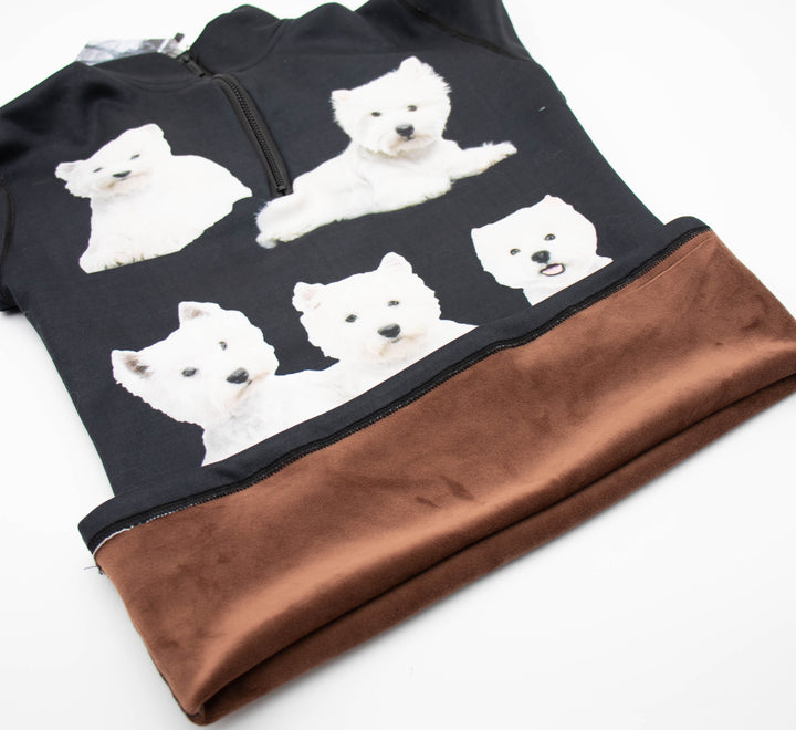 Close-up of Denimaxx Westie Dog Print mid layer showing detailed pattern and smooth nylon finish