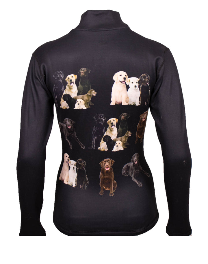 Close-up of Denimaxx Labrador Retriever Print mid layer showing sleek nylon outer and plush velour lining.