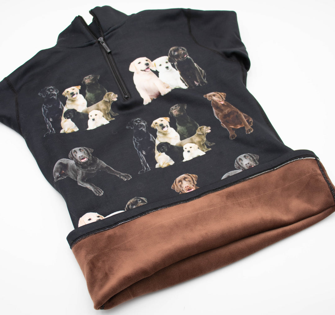 Denimaxx Women’s half-zip Labrador Retriever Print top for ski and après comfort in stretch velour fabric.