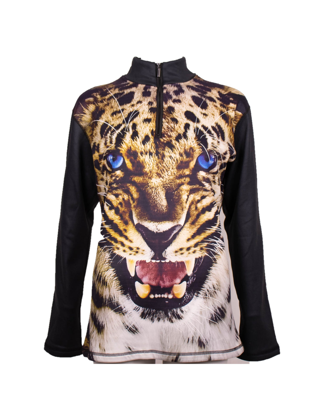Close-up of Denimaxx Leopard Print mid layer showing soft velour inside and polished nylon outer layer