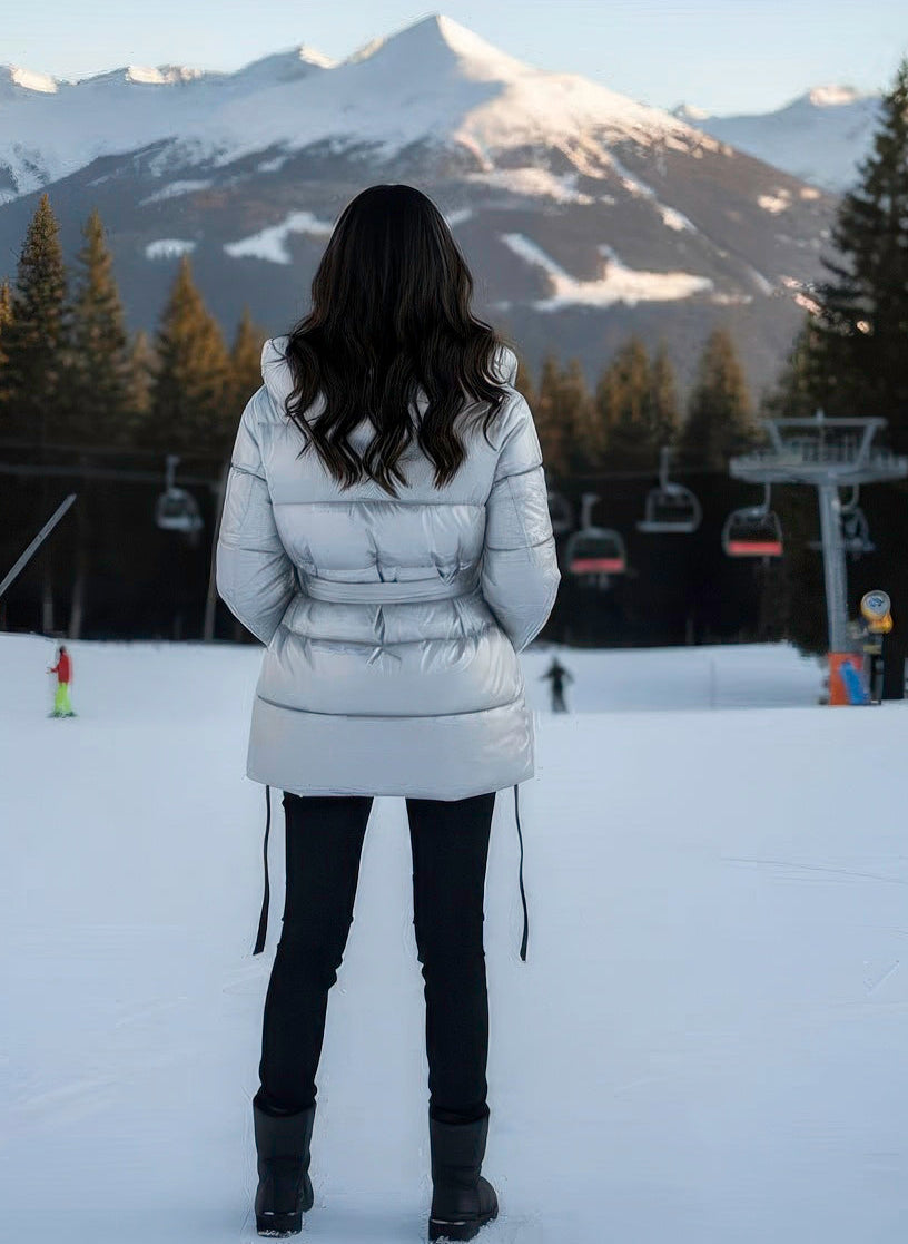 Denimaxx hooded satin goose down jacket offering warmth, style, and lightweight comfort.

