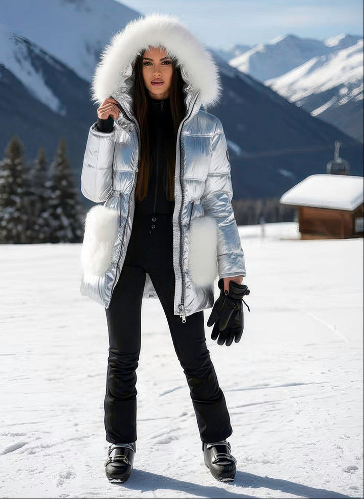 Women’s luxury metallic silver satin down coat with fox trim by Denimaxx.

