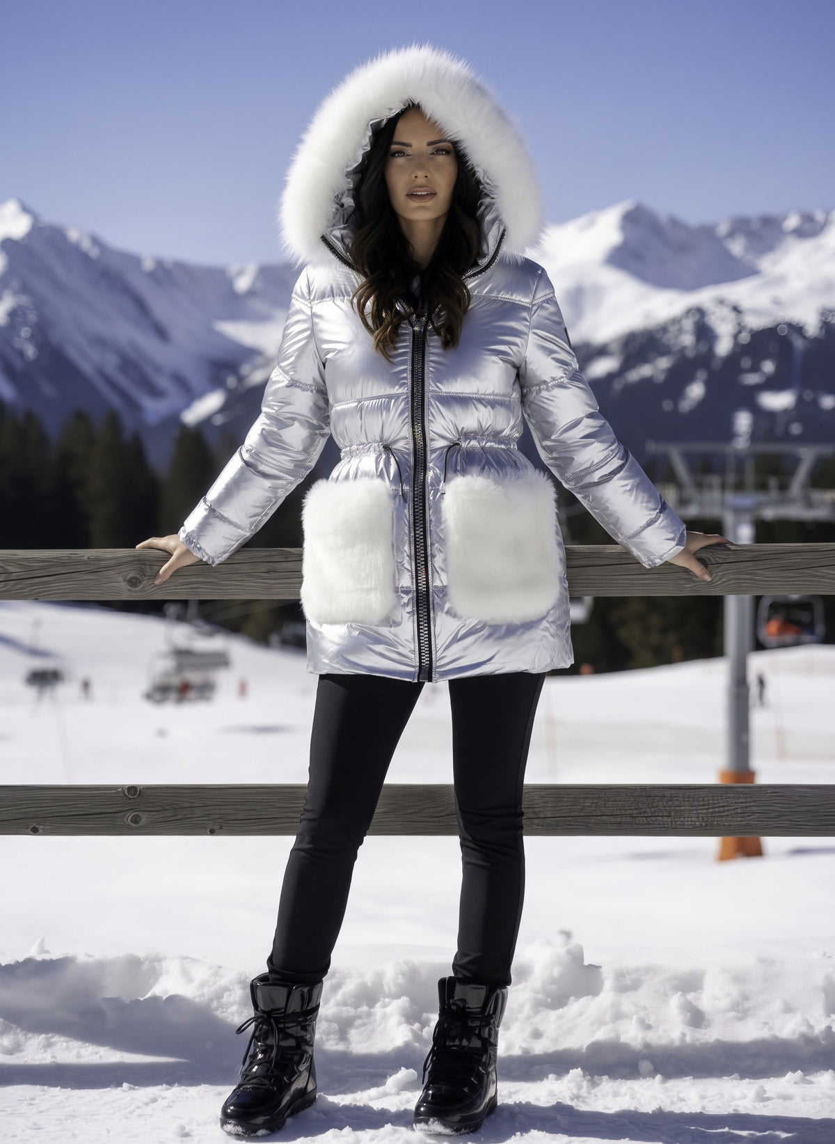 Woman leaning on a wooden fence wearing the metallic silver satin down coat with white fox fur hood and pockets.