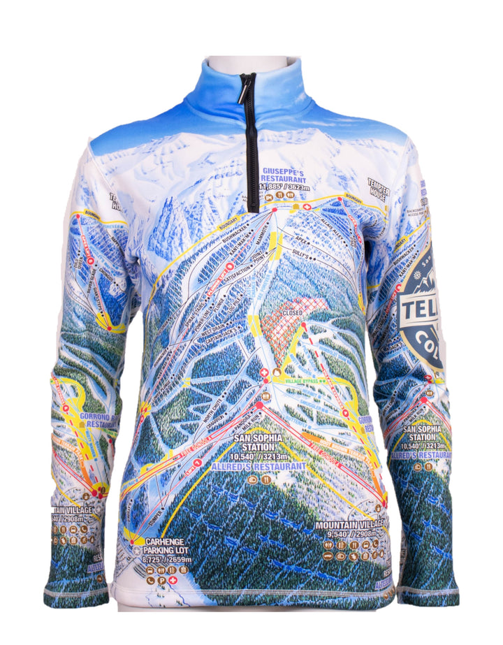 Detail of Telluride trail map print on Denimaxx Women’s warm, luxe, ski-ready mid layer top.