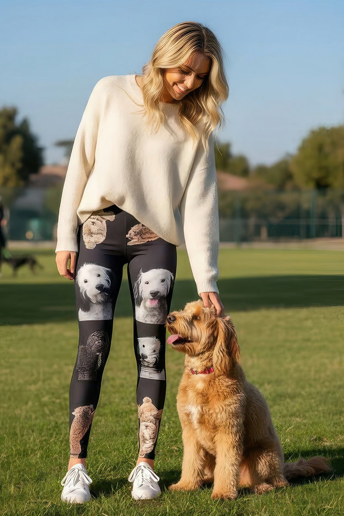 Woman in a white sweater petting a real golden Cockapoo in a park, wearing Cockapoo print leggings with playful doodle faces.