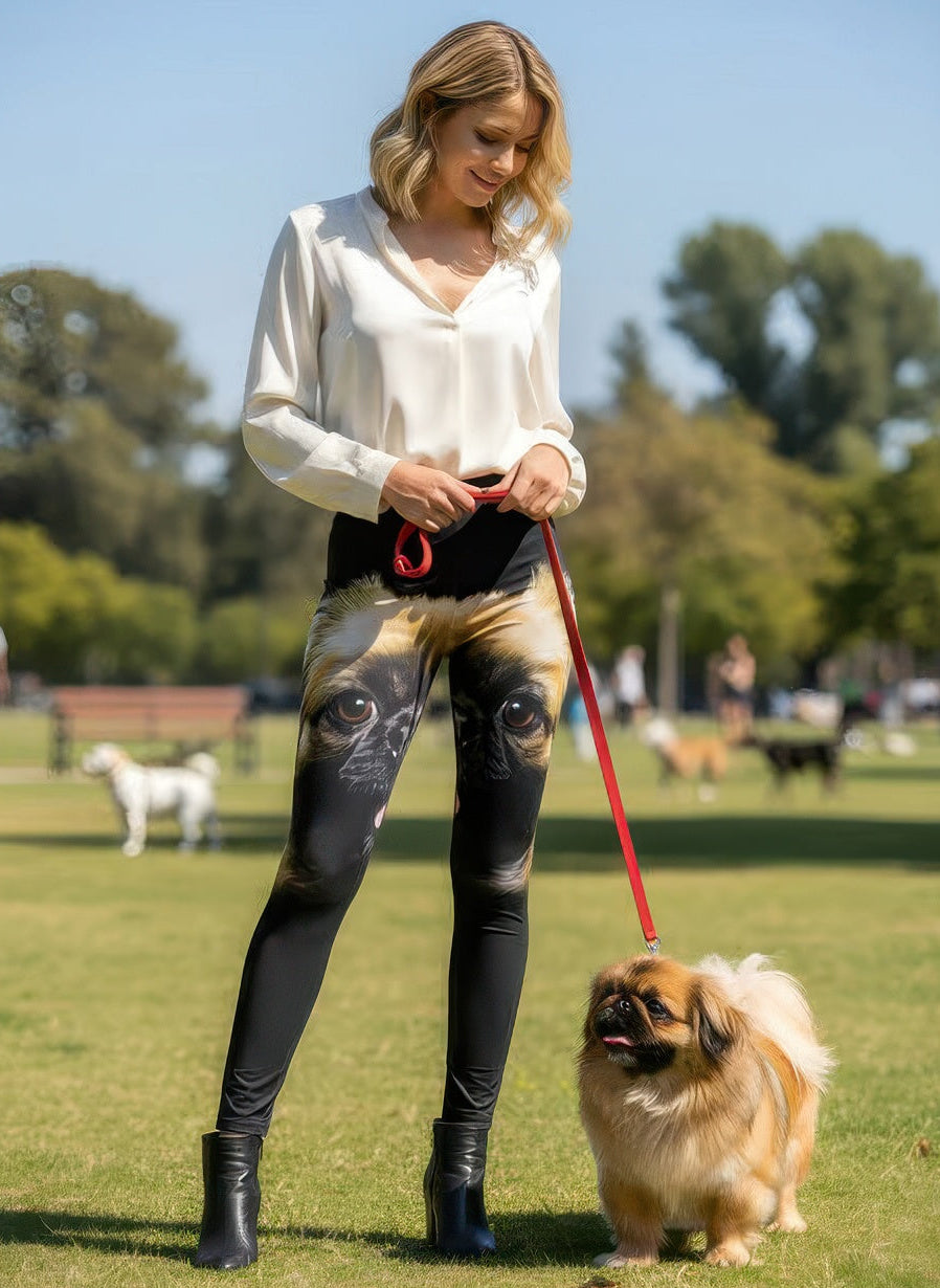 Model wearing Denimaxx Women’s Pekingese Print Adjustable High-Rise Leggings in cozy indoor setting.