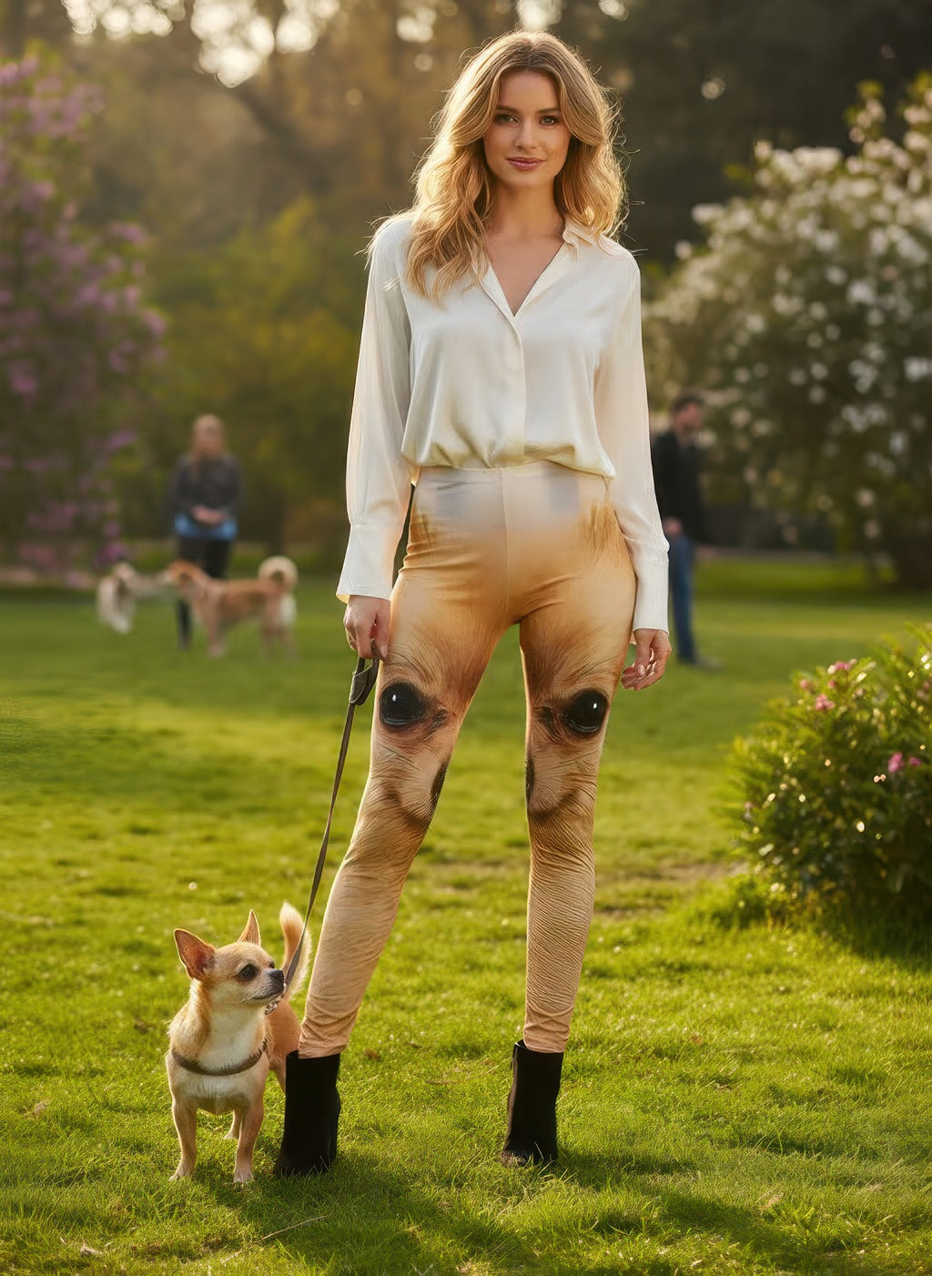 Denimaxx Women’s Chihuahua Print Adjustable High-Rise Leggings featuring playful small-dog design and sculpted fit.