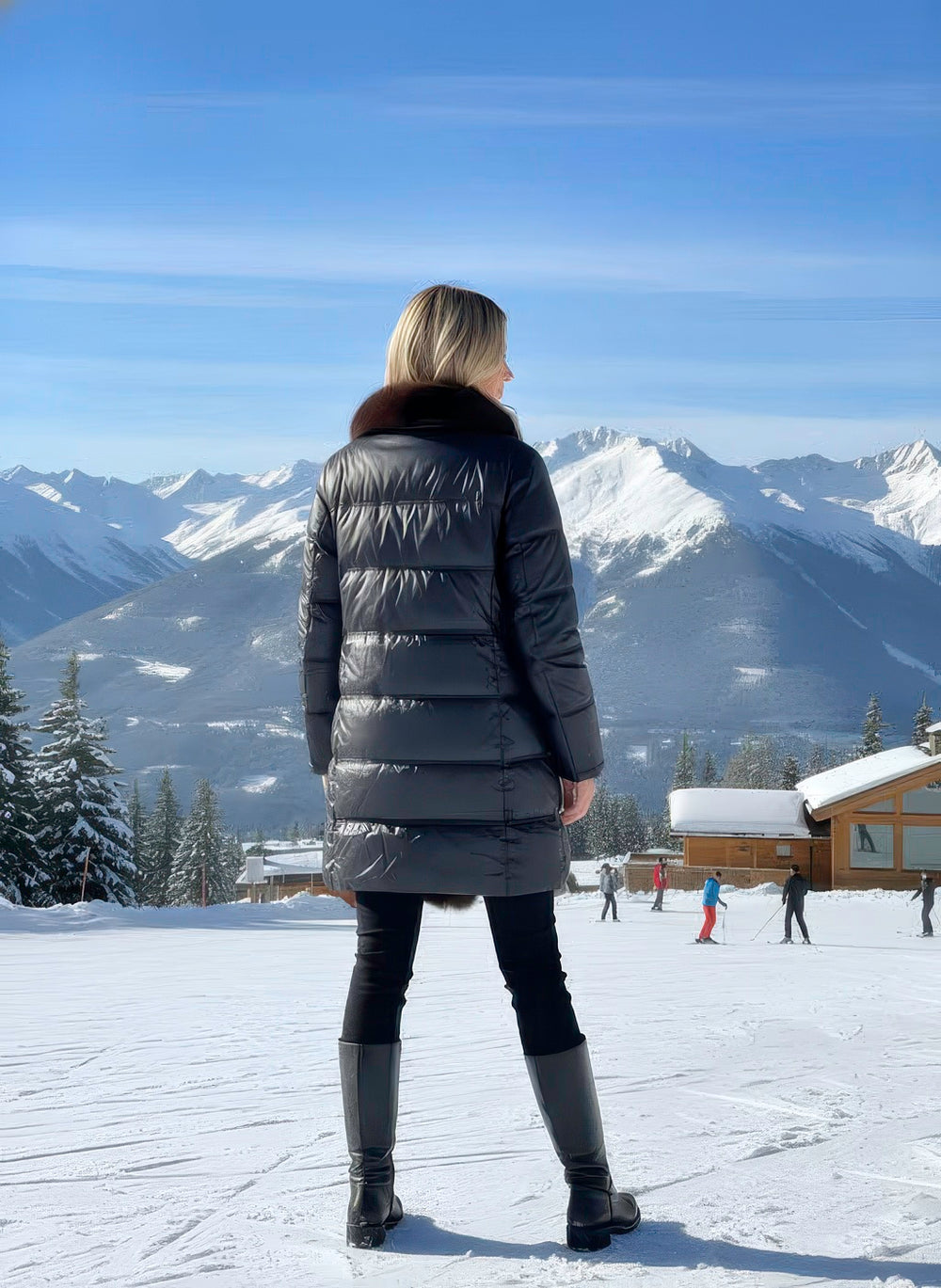 Full-length view of Denimaxx coat highlighting satin exterior, fox trim, and refined design.

