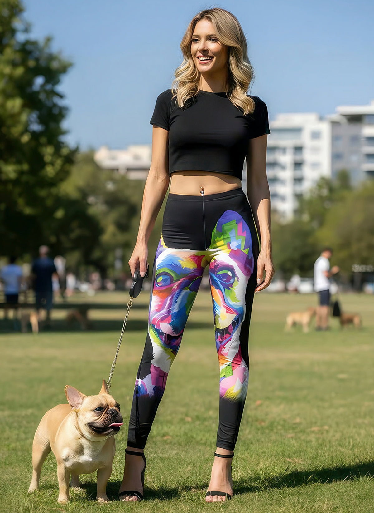 Woman wearing French Bulldog print leggings with a colorful pop-art frenchie face, black crop top, walking a real French bulldog on a leash.