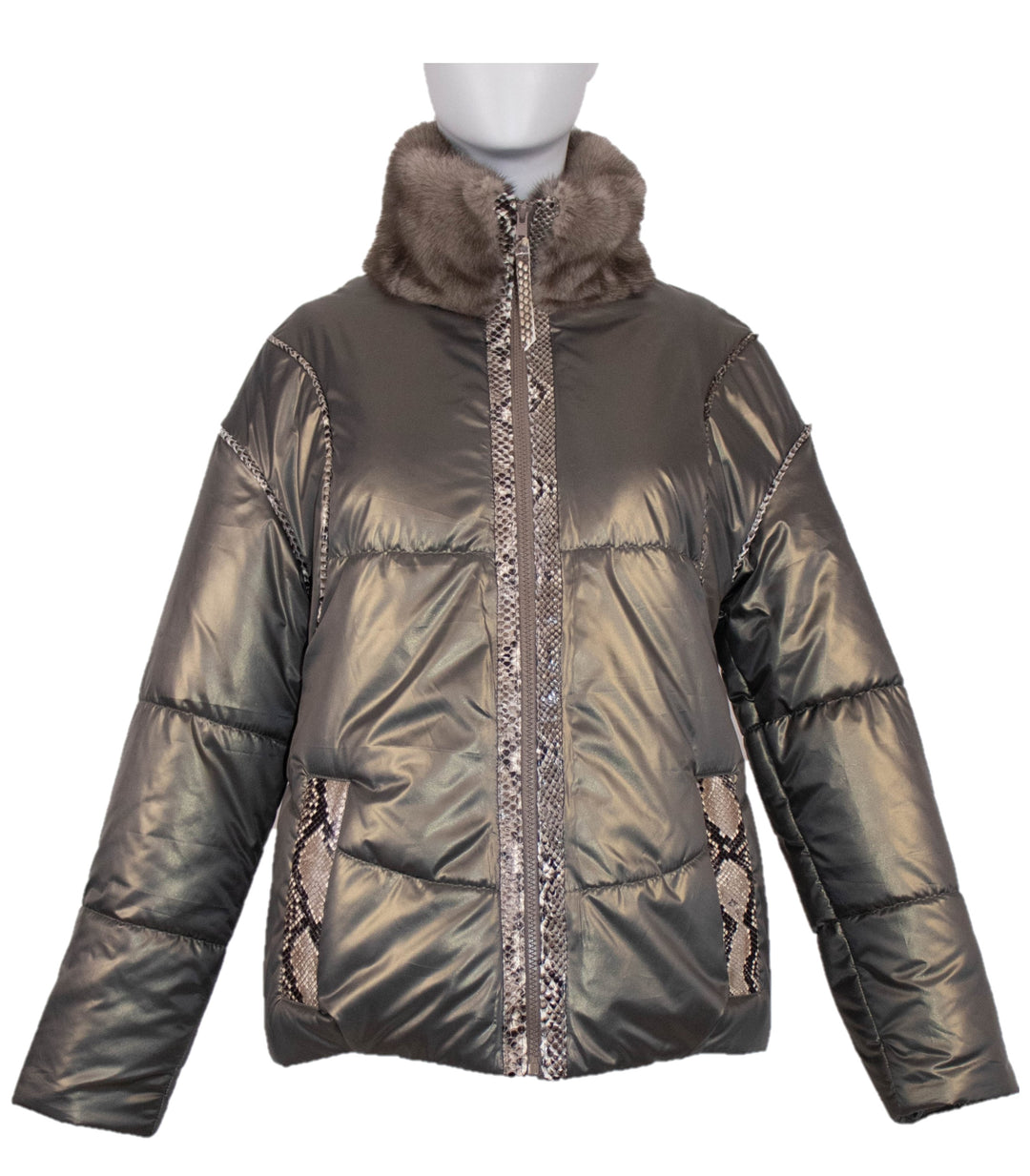 Satin Jacket With Mink Collar & Python Trim