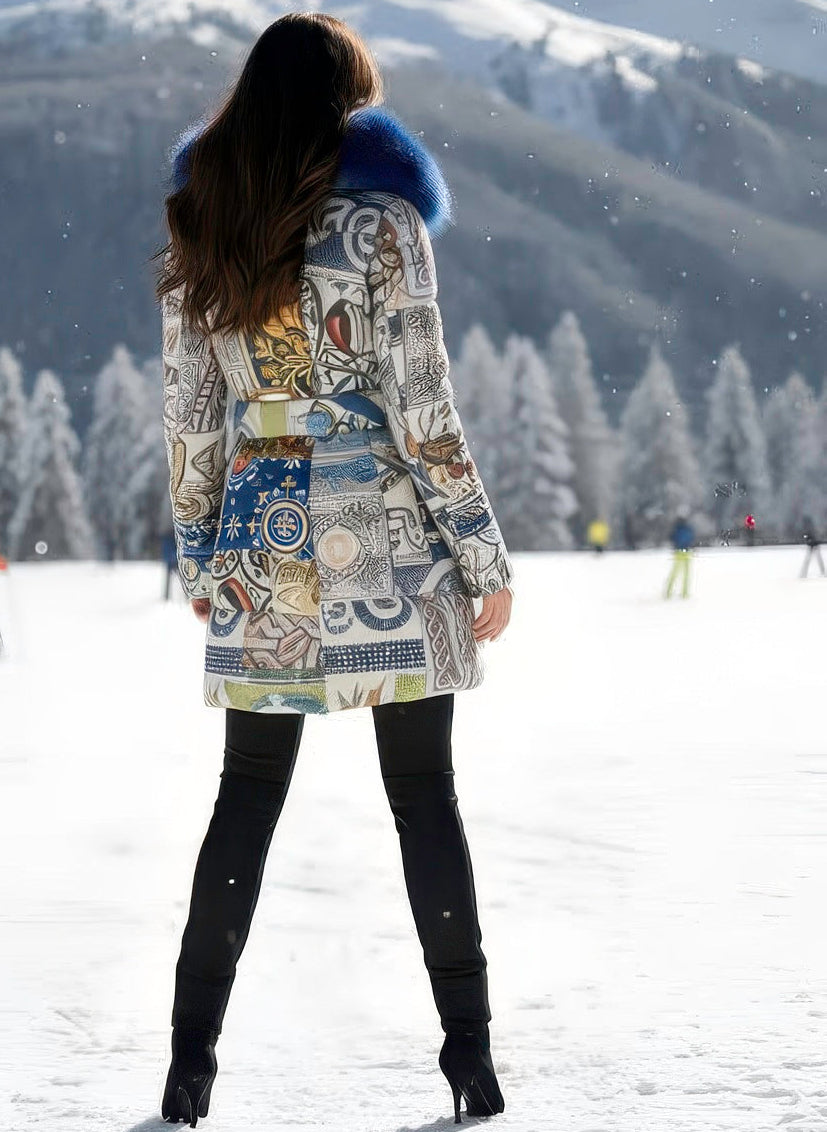 Italian-made women’s satin puffer with fox fur trim and fitted silhouette.

