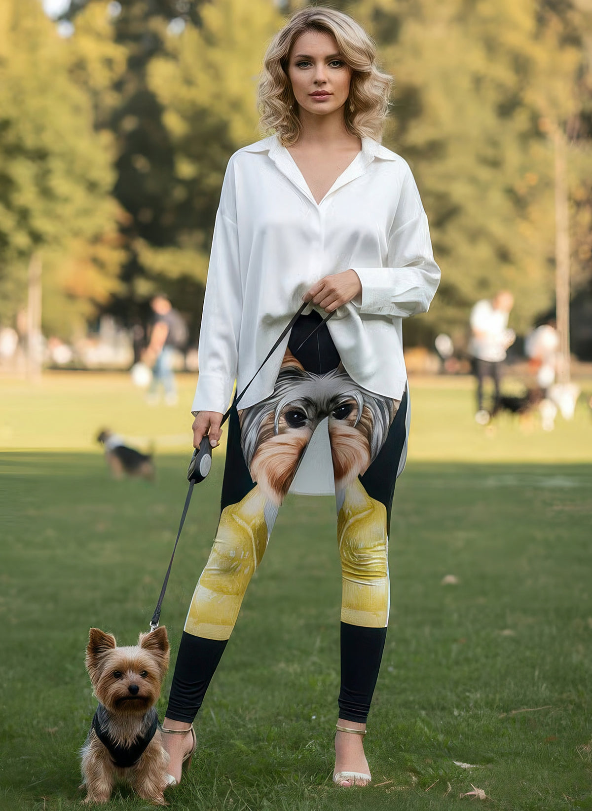 Woman in a white shirt wearing Yorkie print leggings with a large Yorkie face artwork, holding a leash with a real Yorkie in a grassy park.