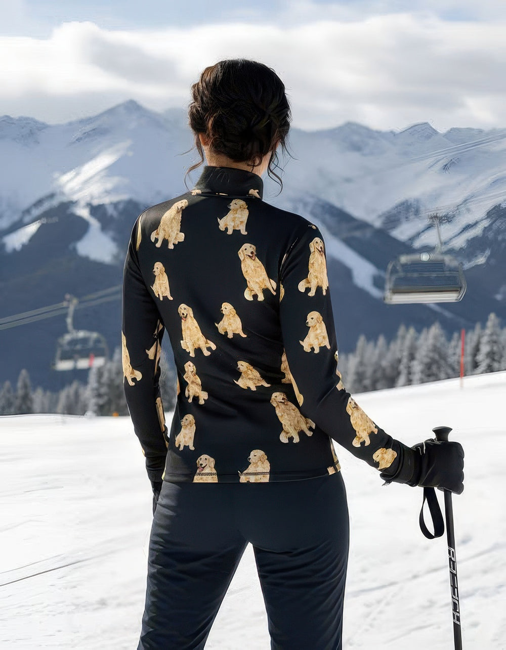 Women’s Denimaxx ski mid layer featuring Golden Retriever design and warm stretch-nylon comfort.

