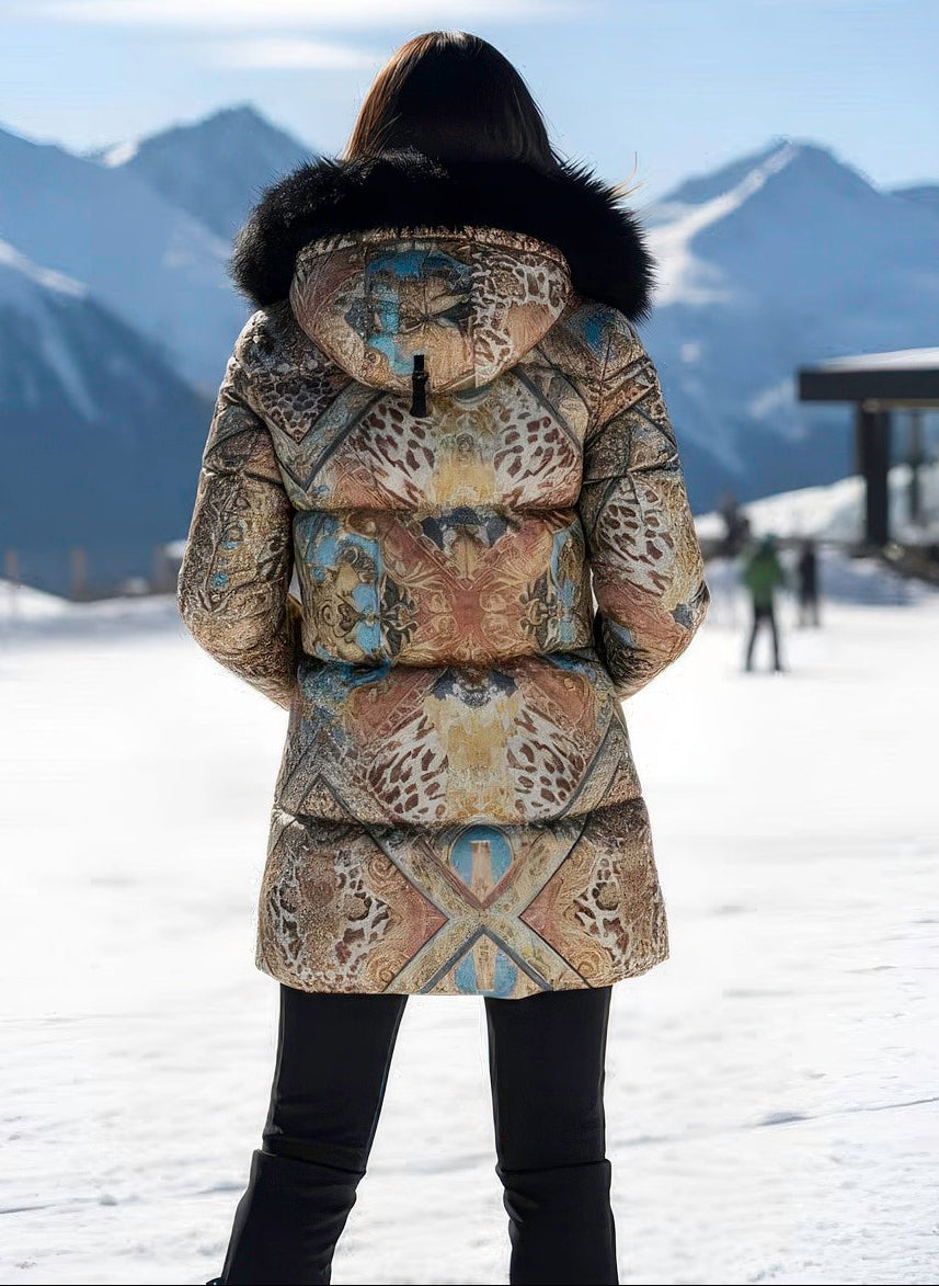 back view highlighting tailored silhouette and fox-trim hood detail.

