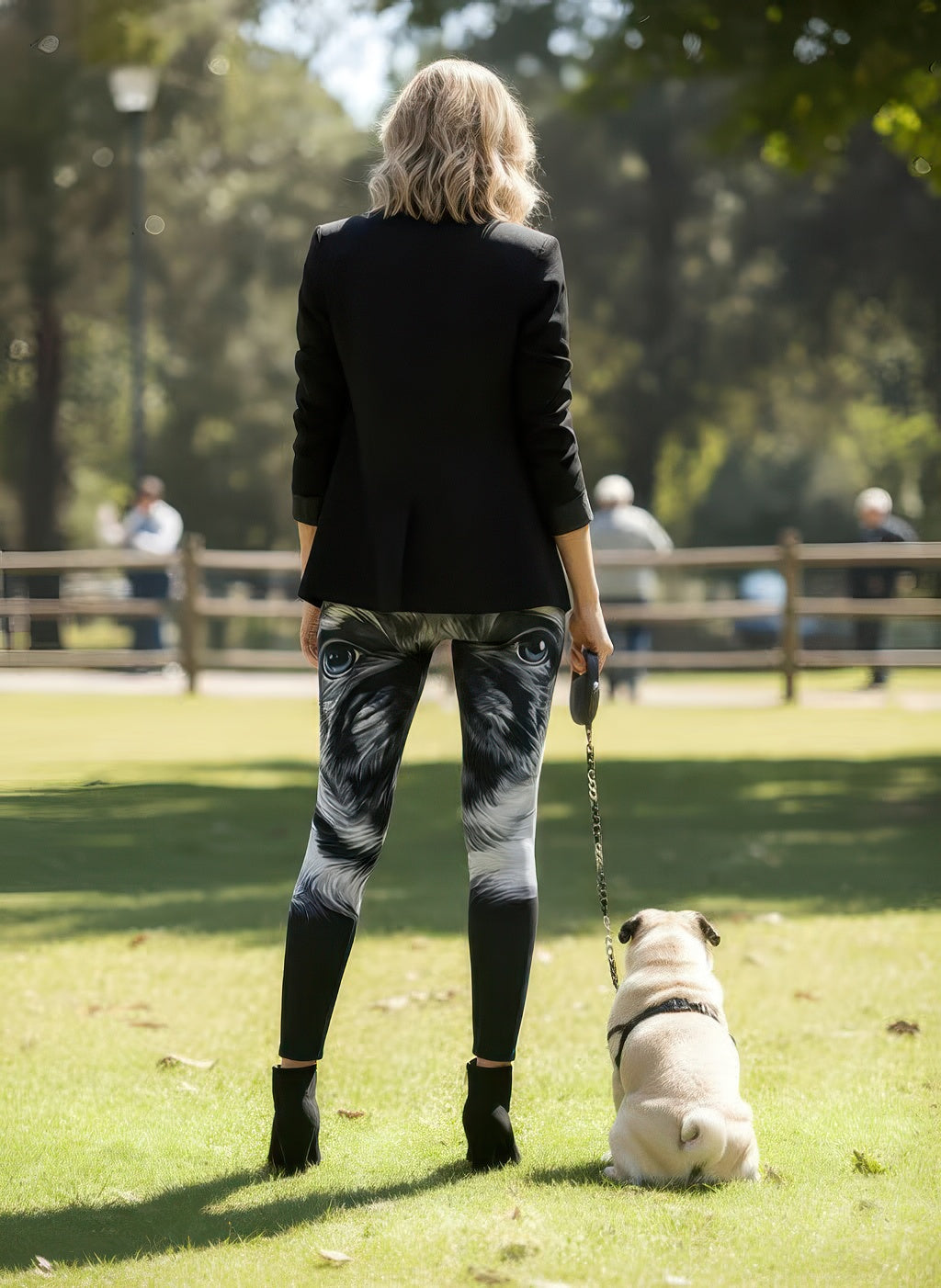 back view of Denimaxx Women’s pug print leggings highlighting adjustable high-rise waistband and snug fit.