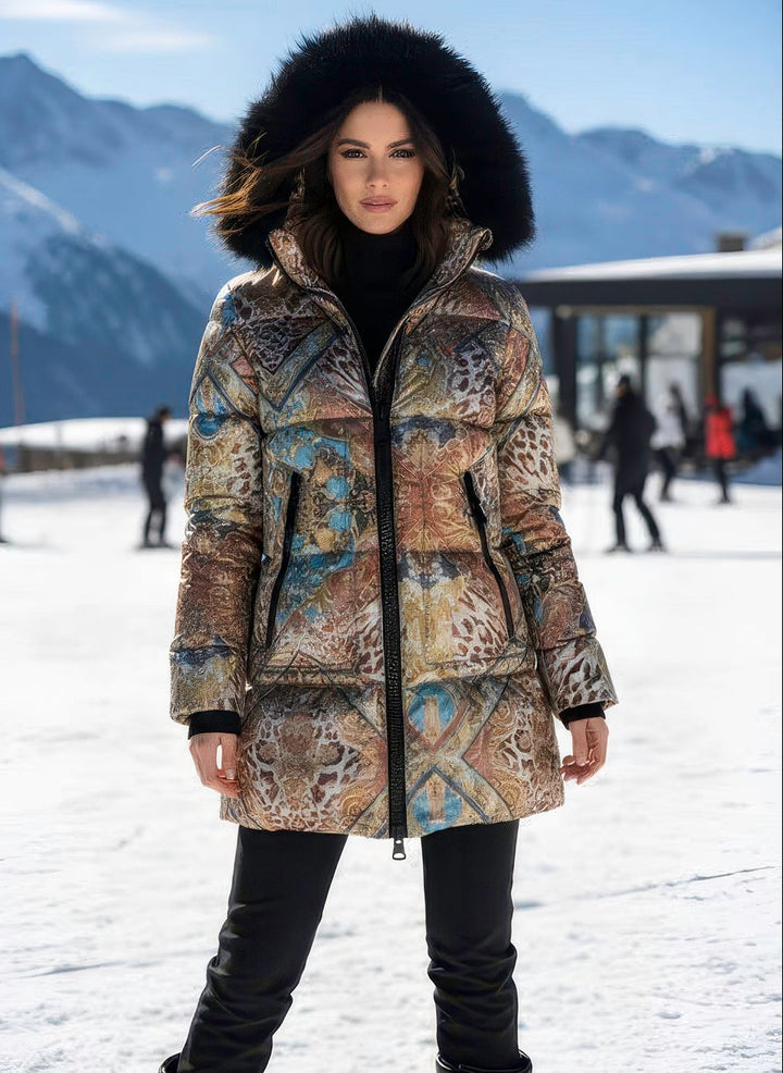 Close-up showing insulated goose down filling and luxurious fox hood trim.

