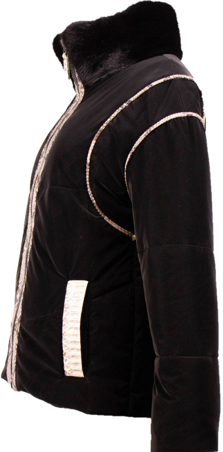 Satin Jacket With Mink Collar & Python Trim
