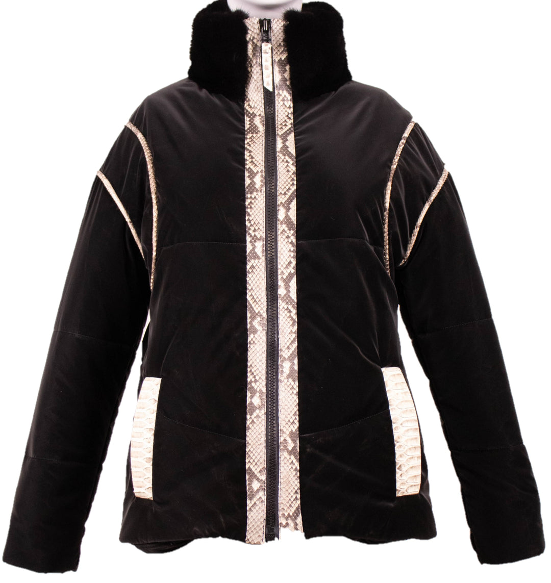 Satin Jacket With Mink Collar & Python Trim