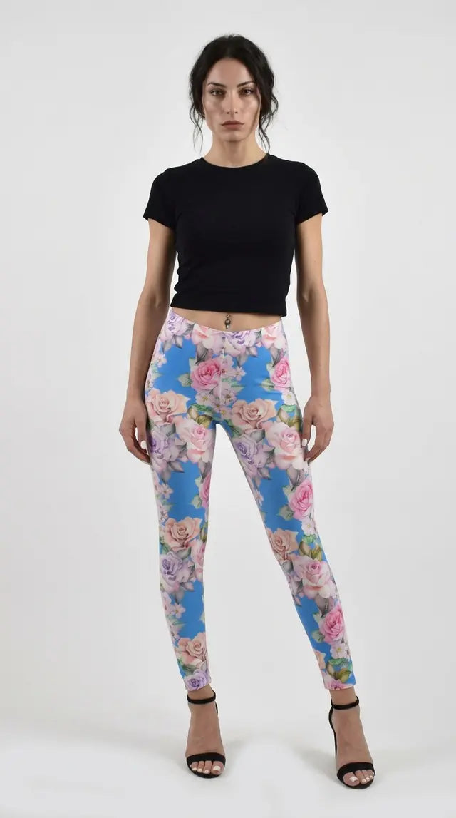 Pastel Blue Roses Women's Leggings - model wearing