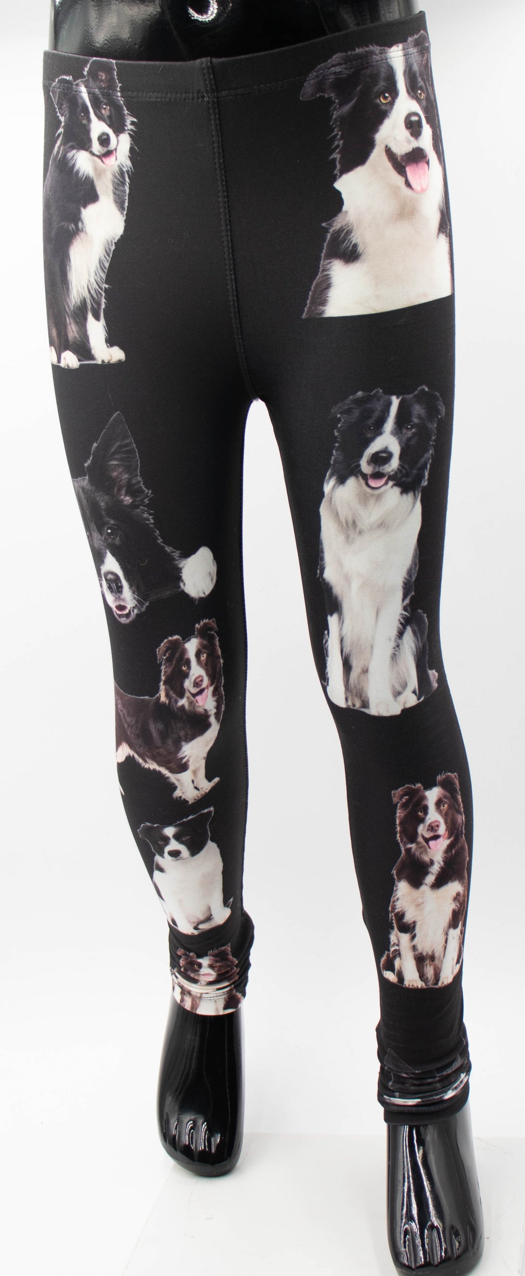 Front view of the Denimaxx kids Collie print leggings on a mannequin, with black and white border collie graphics on black fabric.