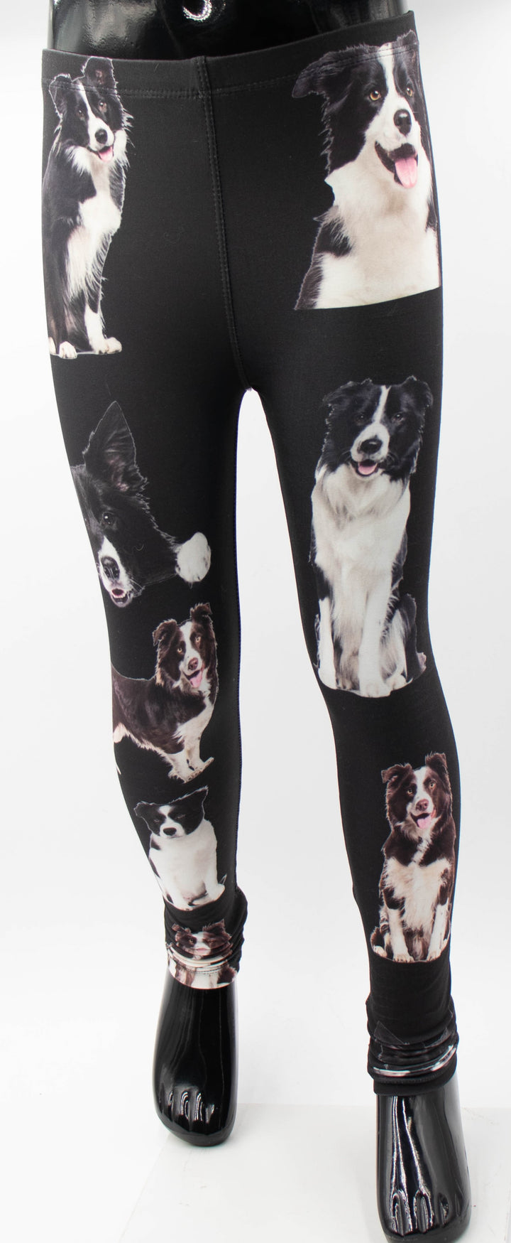Front view of the Denimaxx kids Collie print leggings on a mannequin, with black and white border collie graphics on black fabric.