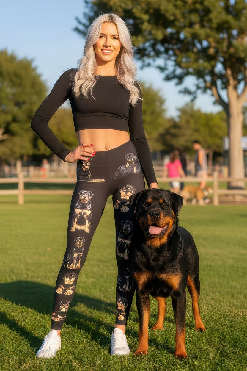 Denimaxx Women’s Rottweiler Print leggings with adjustable high-rise waistband and silky stretch fabric.