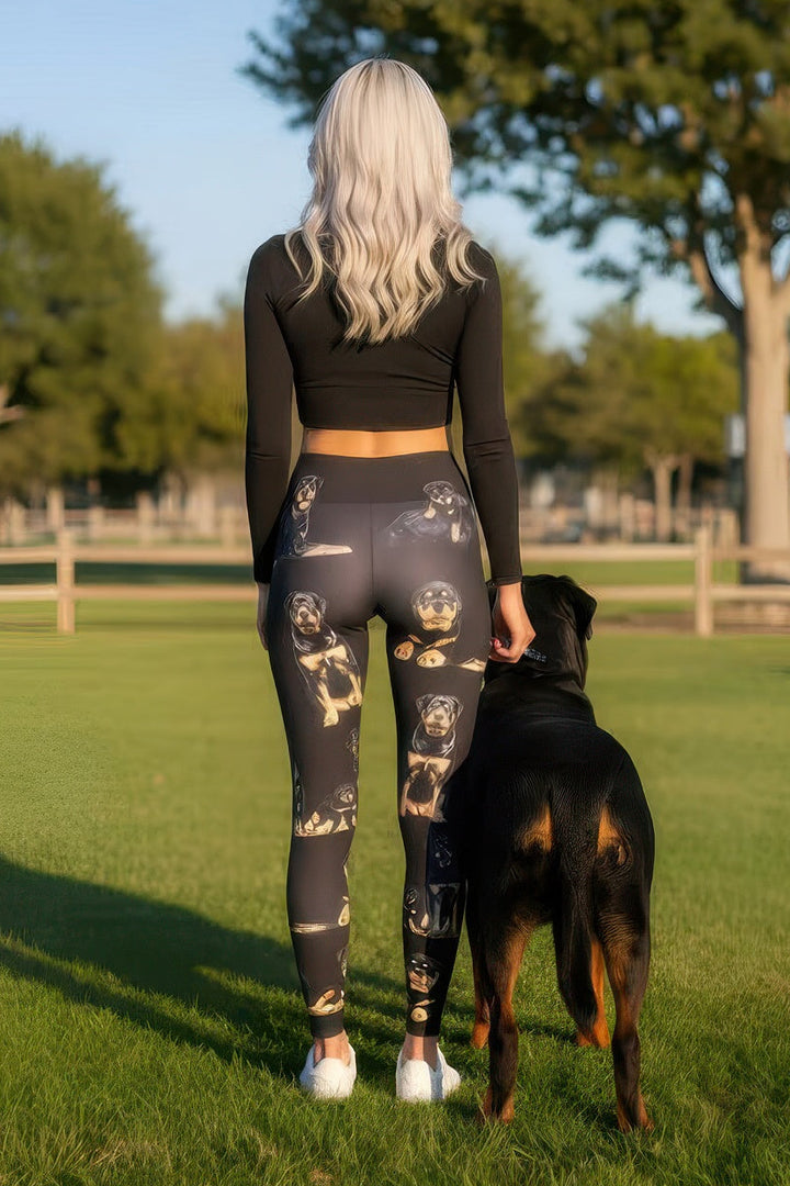 Close-up of Denimaxx Rottweiler pattern on soft stretch leggings with sleek contour.