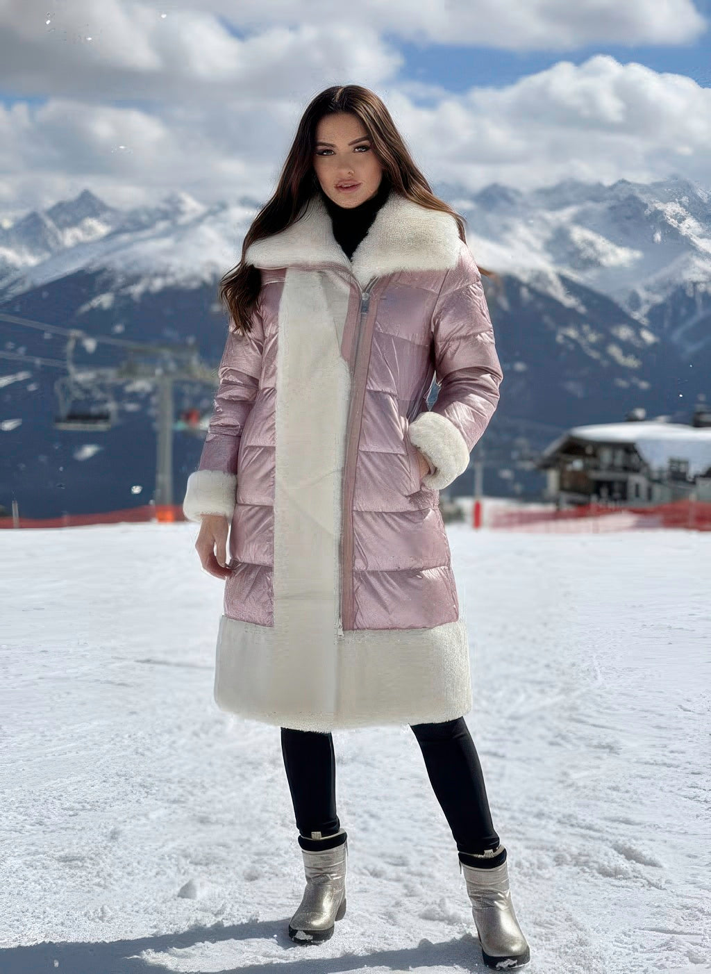 Denimaxx Women’s satin down coat with plush genuine sheepskin trim and tailored silhouette.

