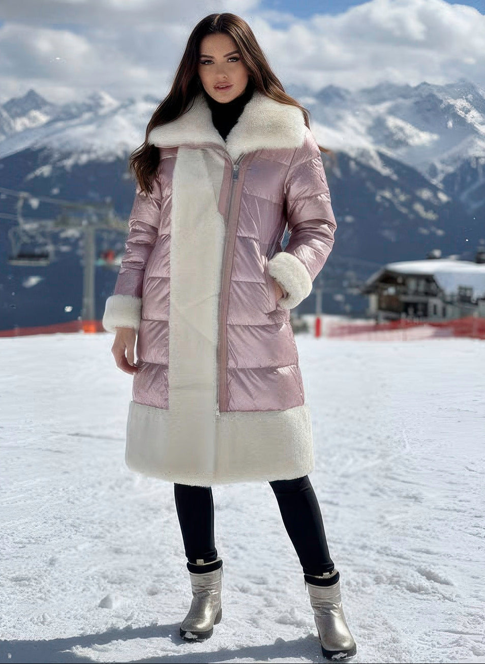 Denimaxx Women’s satin down coat with genuine sheepskin trim for luxurious winter warmth.

