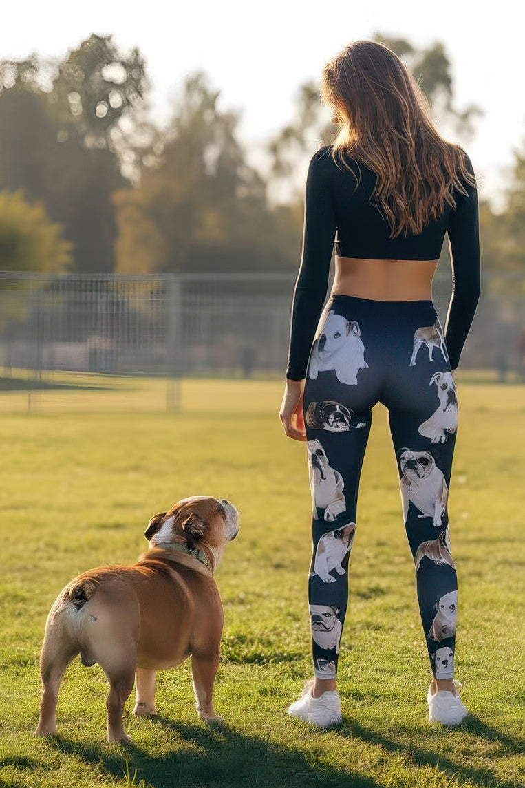 Back view of Denimaxx Bulldog Print Leggings – squat-proof, sculpting fit