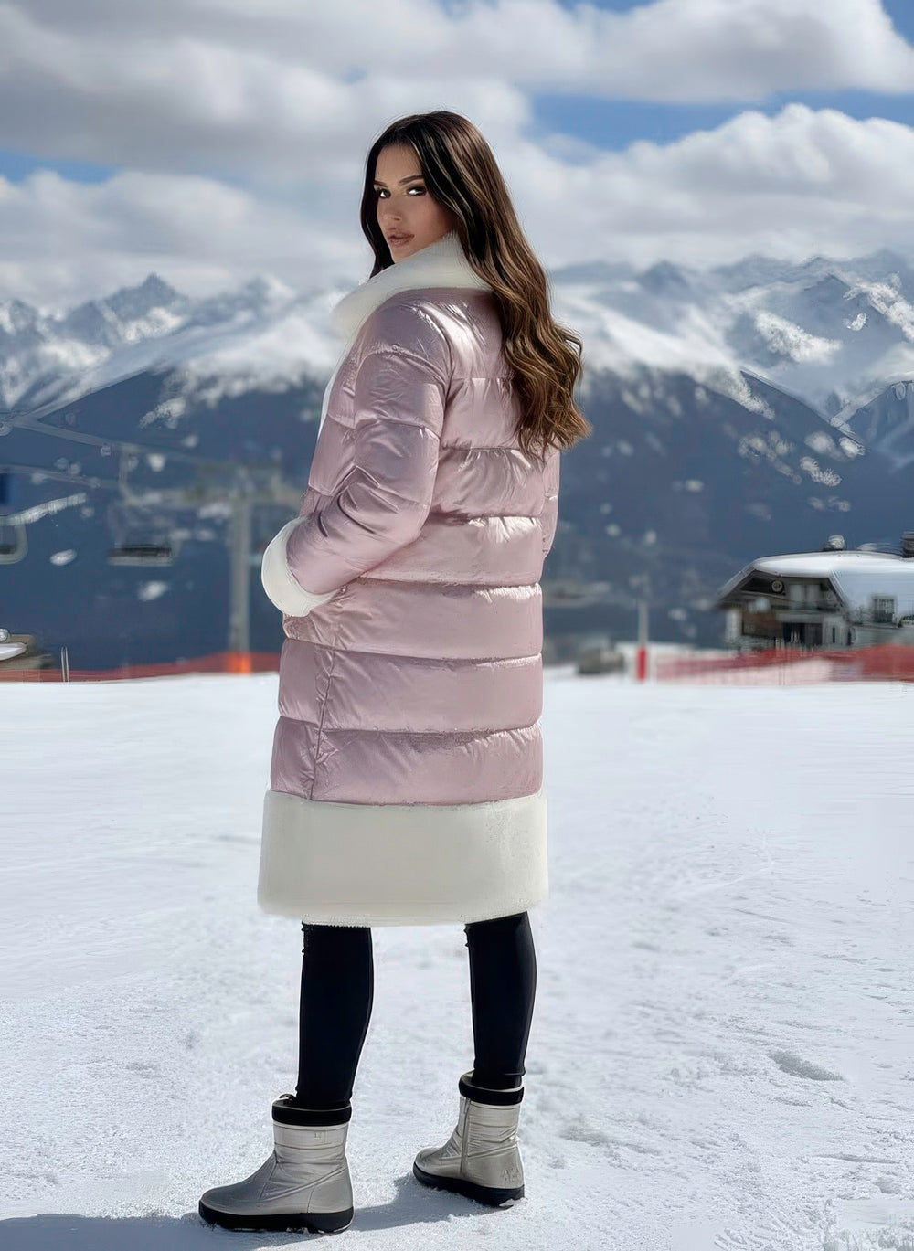 Close-up of Denimaxx coat showing soft insulated down and luxurious sheepskin collar.

