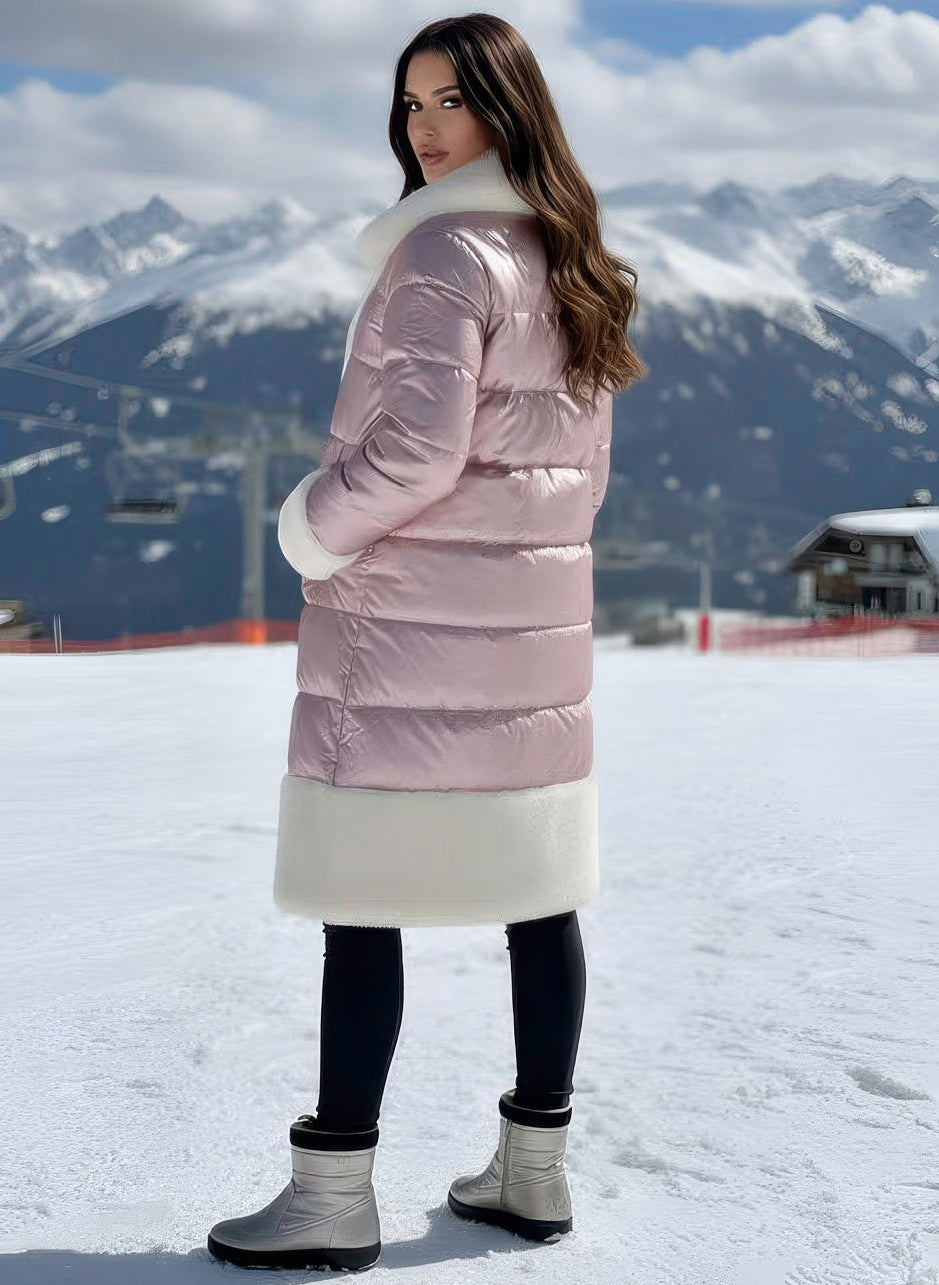 Women’s luxury satin down coat with plush sheepskin trim for refined cold-weather style.

