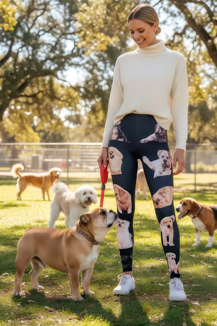 Women’s Mixed Dog Breed Print adjustable high-rise leggings by Denimaxx featuring multiple dog designs.