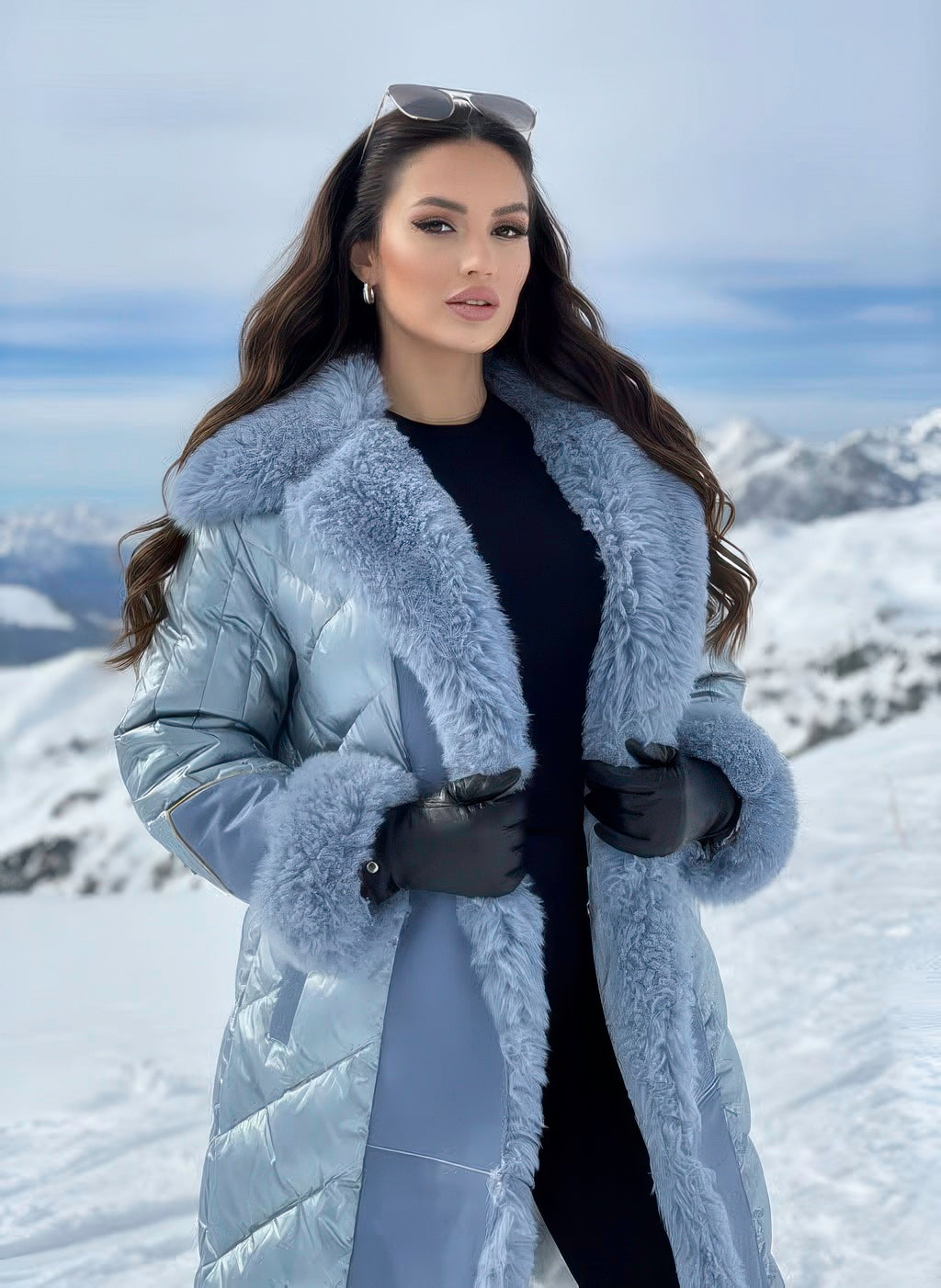 Close-up of Denimaxx coat showing soft down fill and genuine sheepskin collar.

