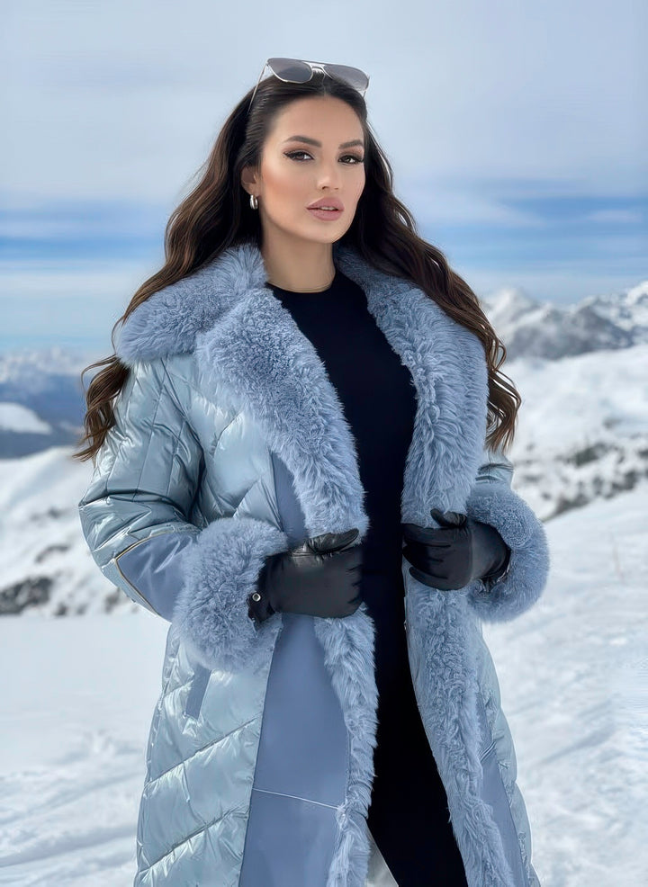 Close-up of Denimaxx coat showing soft down fill and genuine sheepskin collar.

