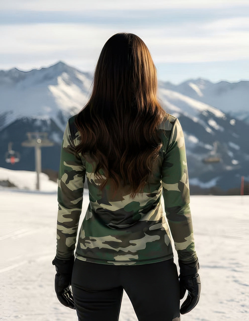 Women’s Denimaxx ski mid layer with Green Camo design and warm stretch-nylon performance.

