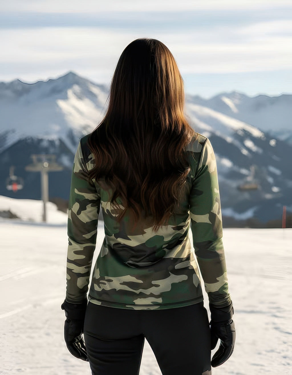 Women’s Denimaxx ski mid layer with Green Camo design and warm stretch-nylon performance.

