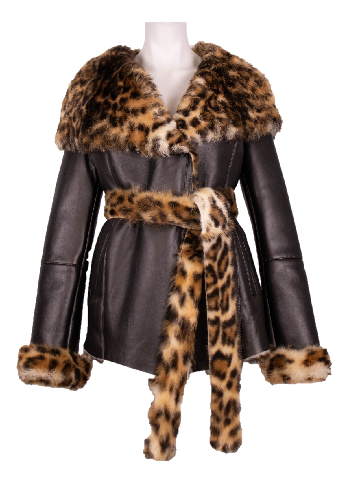 Animal print Toscana shearling coat in dark brown leather with leopard print collar, cuffs, and tie belt, mannequin front view.