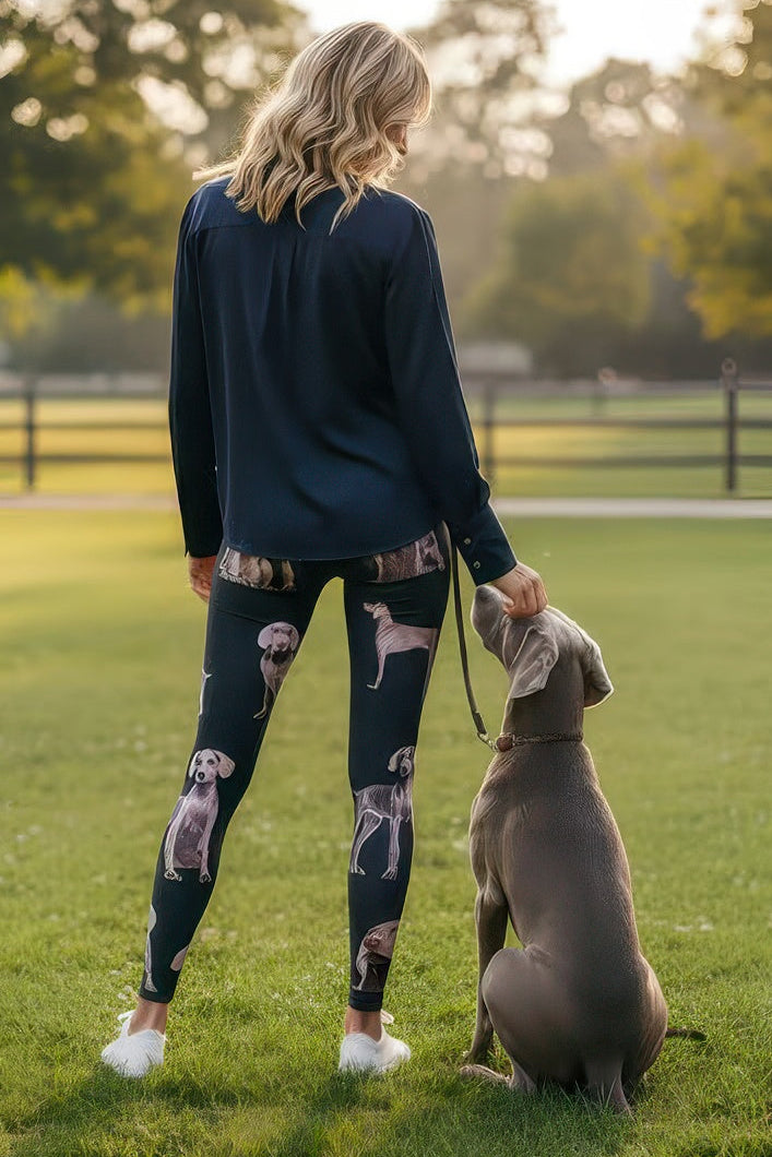 Model wearing Denimaxx Weimaraner leggings showing sculpting adjustable waistband