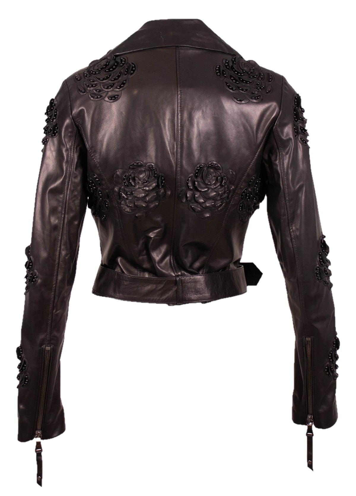 Back view of the black leather jacket with black rose embroidery across the shoulders and back, belted waist, on white.