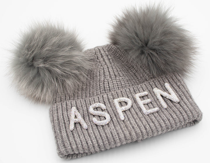 Crystal Aspen Knit Beanie With Double Fox Pom