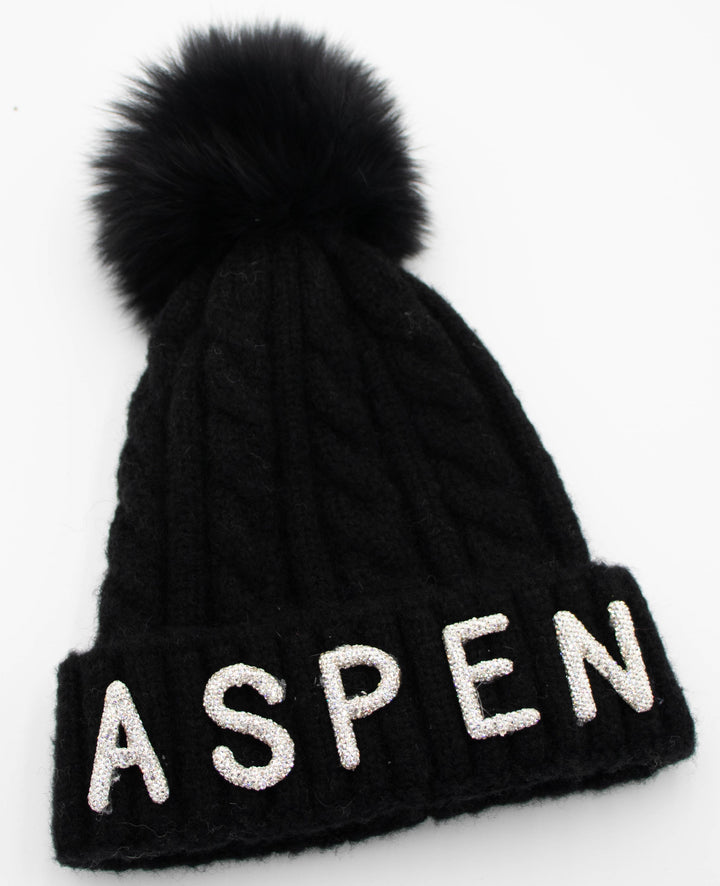 Crystal Aspen Knit Beanie With Fox Pom